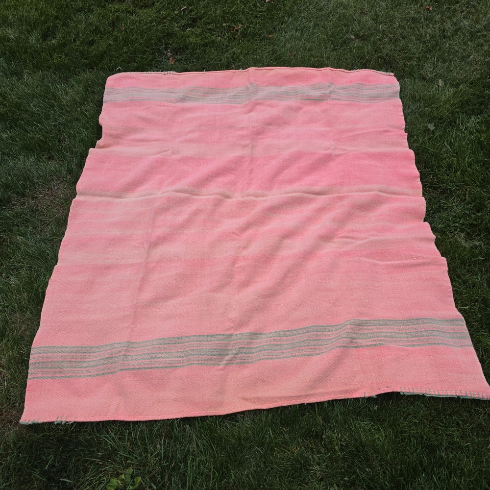 Vintage Pink Wool Camp Blanket Green Stripes Whipstitch Edge Farmhouse 61x56